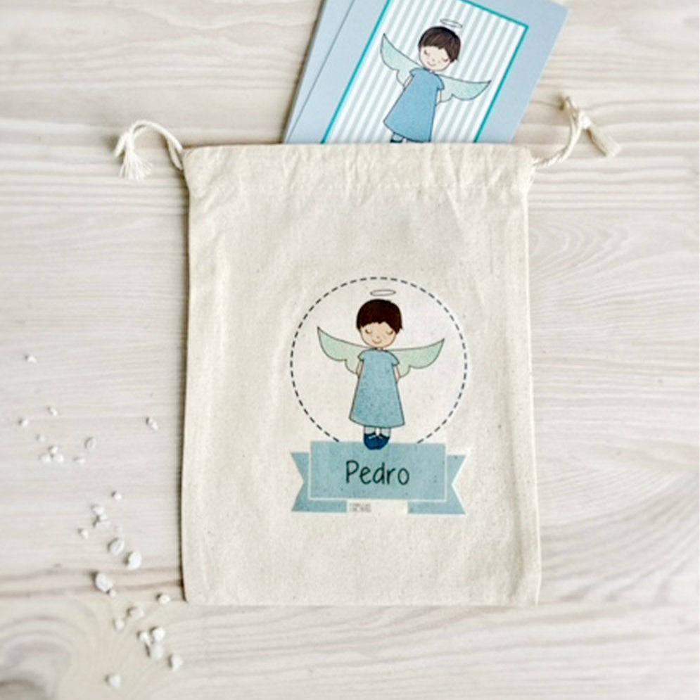 Bolsa para santitos bautizo niño: Ángel de la Guarda Rayas