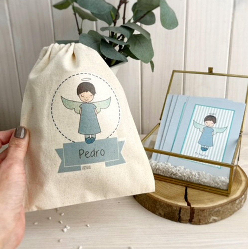 Bolsa para santitos bautizo niño: Ángel de la Guarda Rayas