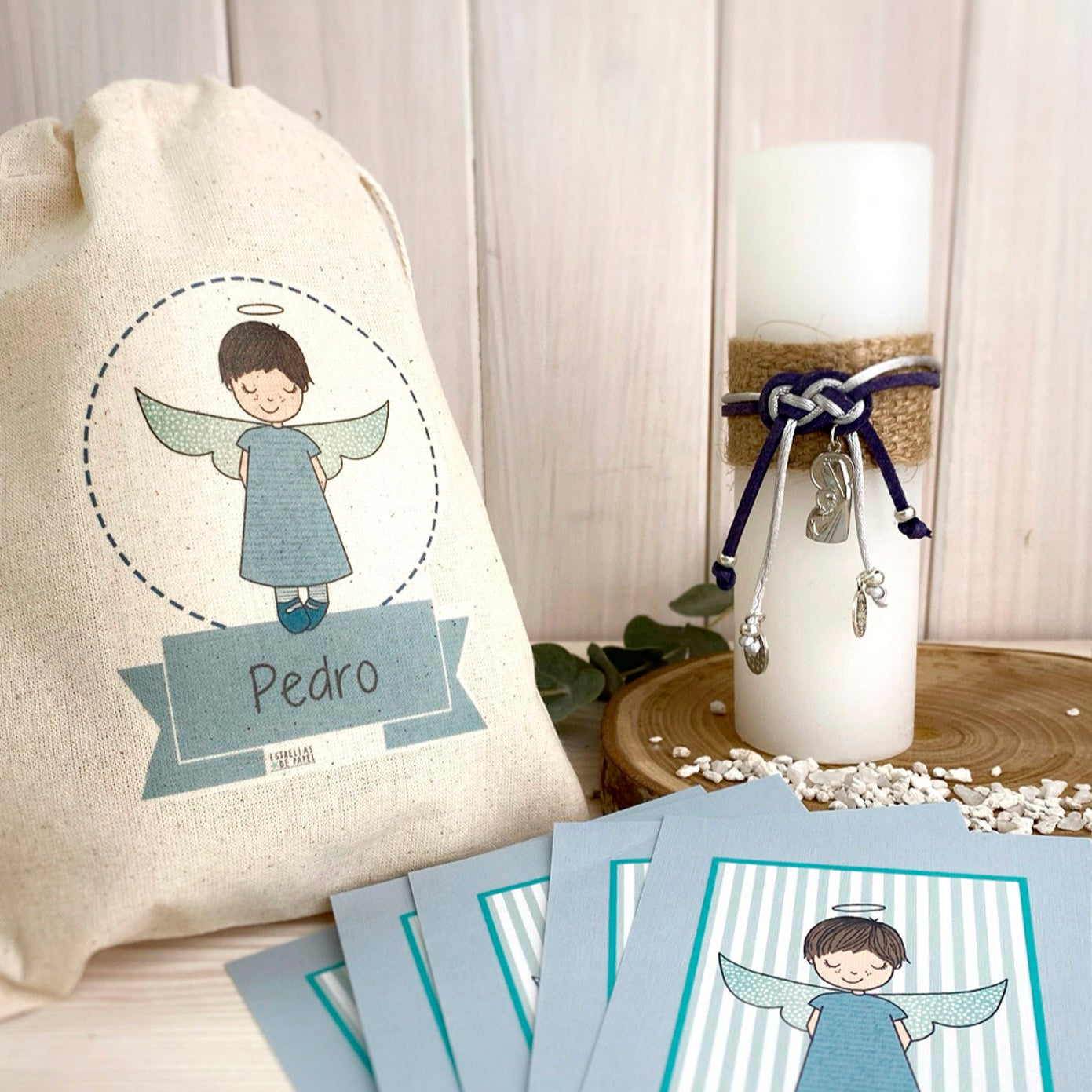 Bolsa para santitos bautizo niño: Ángel de la Guarda Rayas