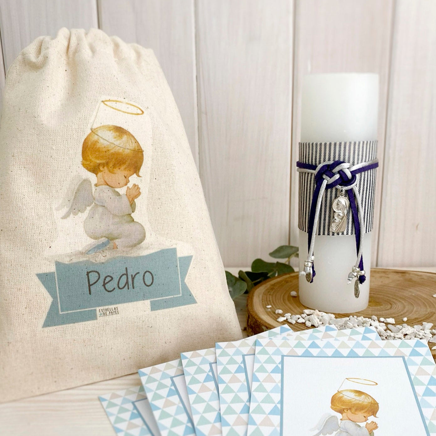 Bolsa para santitos bautizo niño: Ángel de la Guarda Triángulos