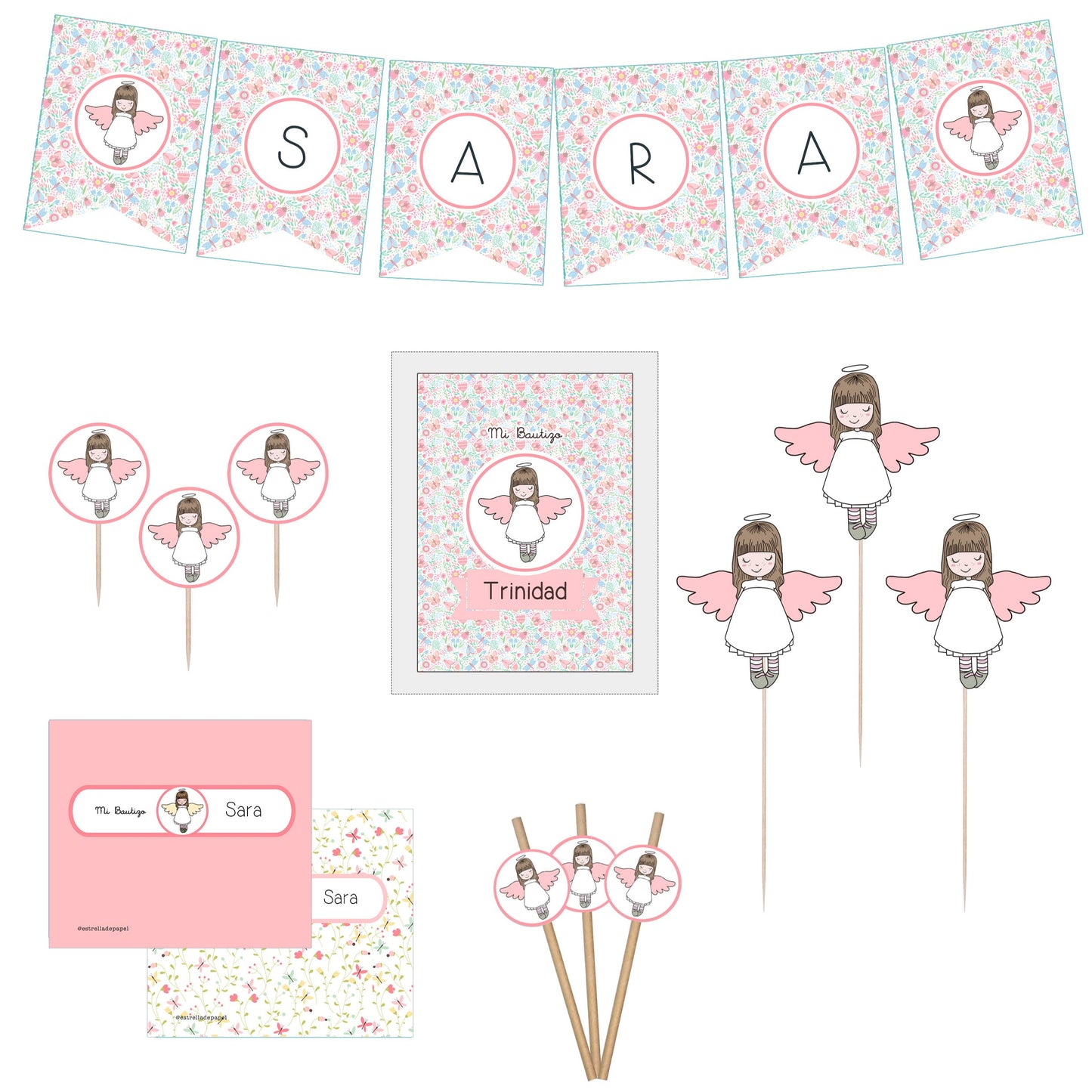 Decoracion bautizo niña: Kit Deco Angelita de la Guarda Rosada