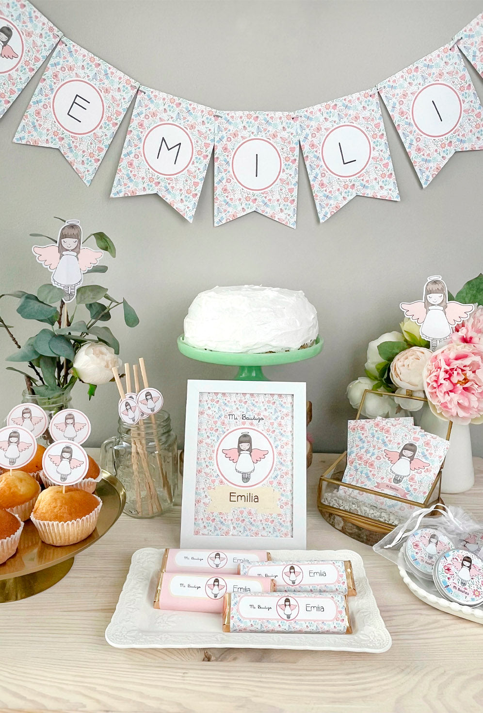 Decoracion bautizo niña: Kit Deco Angelita de la Guarda Rosada