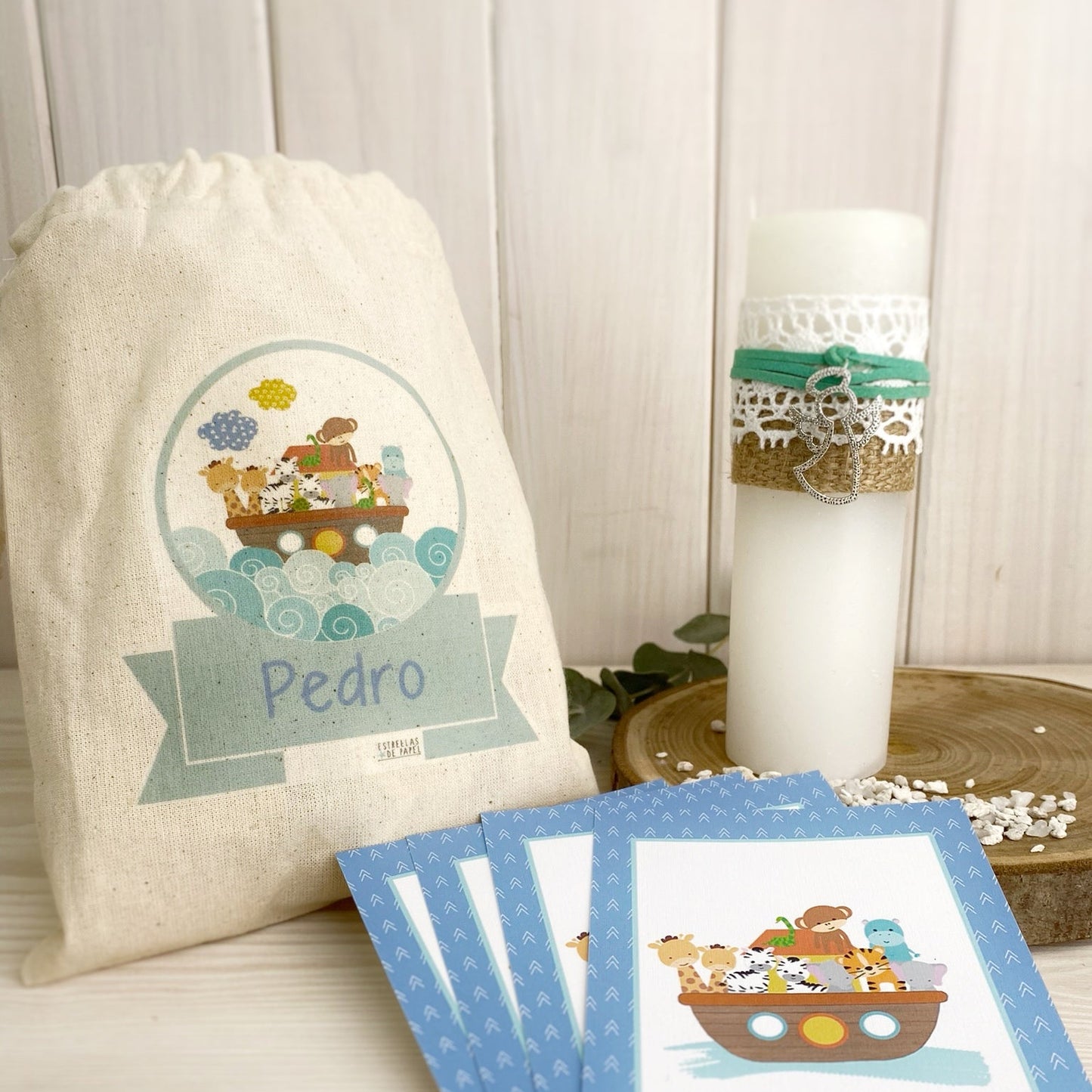 Bolsa para santitos bautizo niño: Arca de Noé Azul