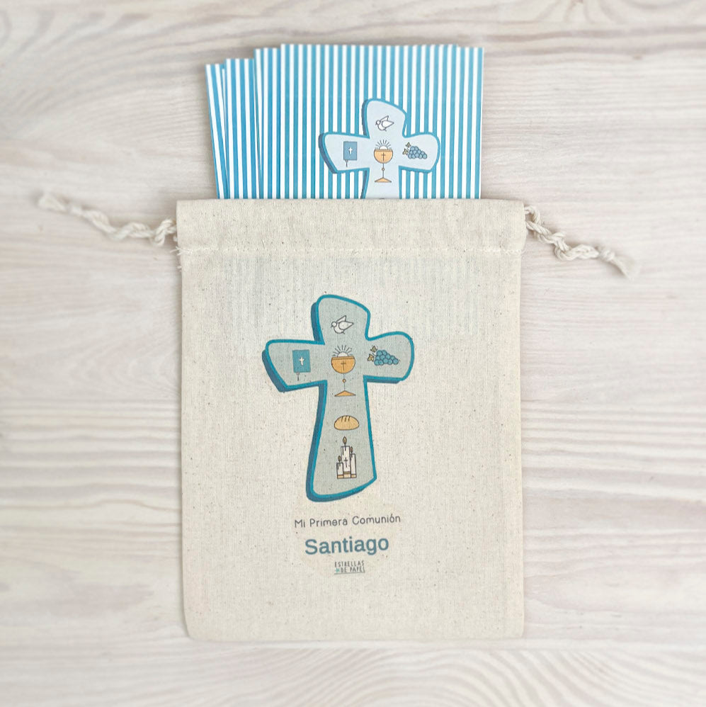 Bolsa para santitos primera comunión niño: Símbolos Rayas Calipso