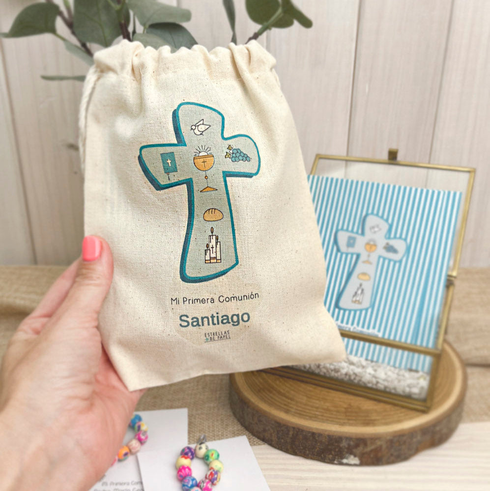 Bolsa para santitos primera comunión niño: Símbolos Rayas Calipso