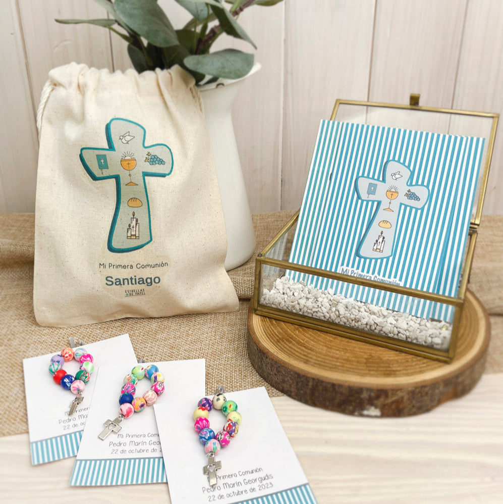 Bolsa para santitos primera comunión niño: Símbolos Rayas Calipso