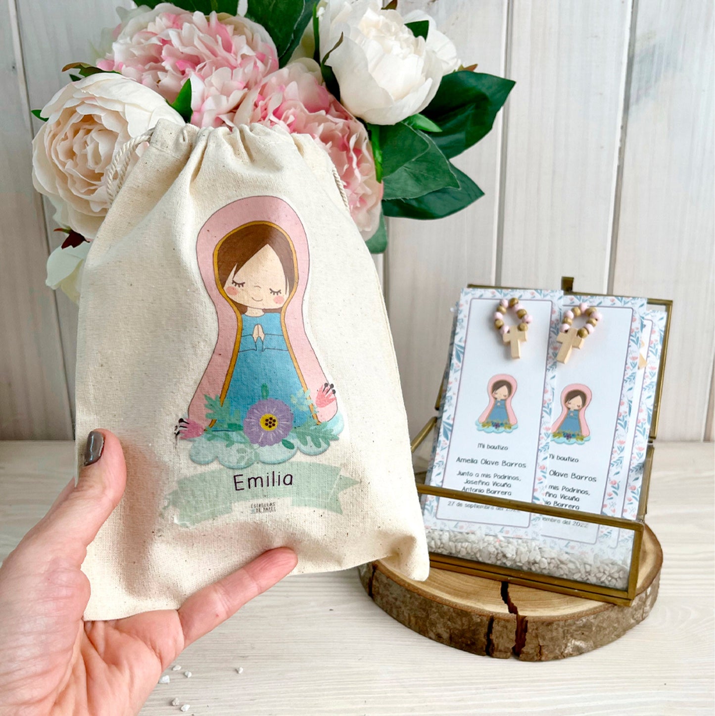 Bolsa para santitos bautizo niña: Virgen Lupe rosada