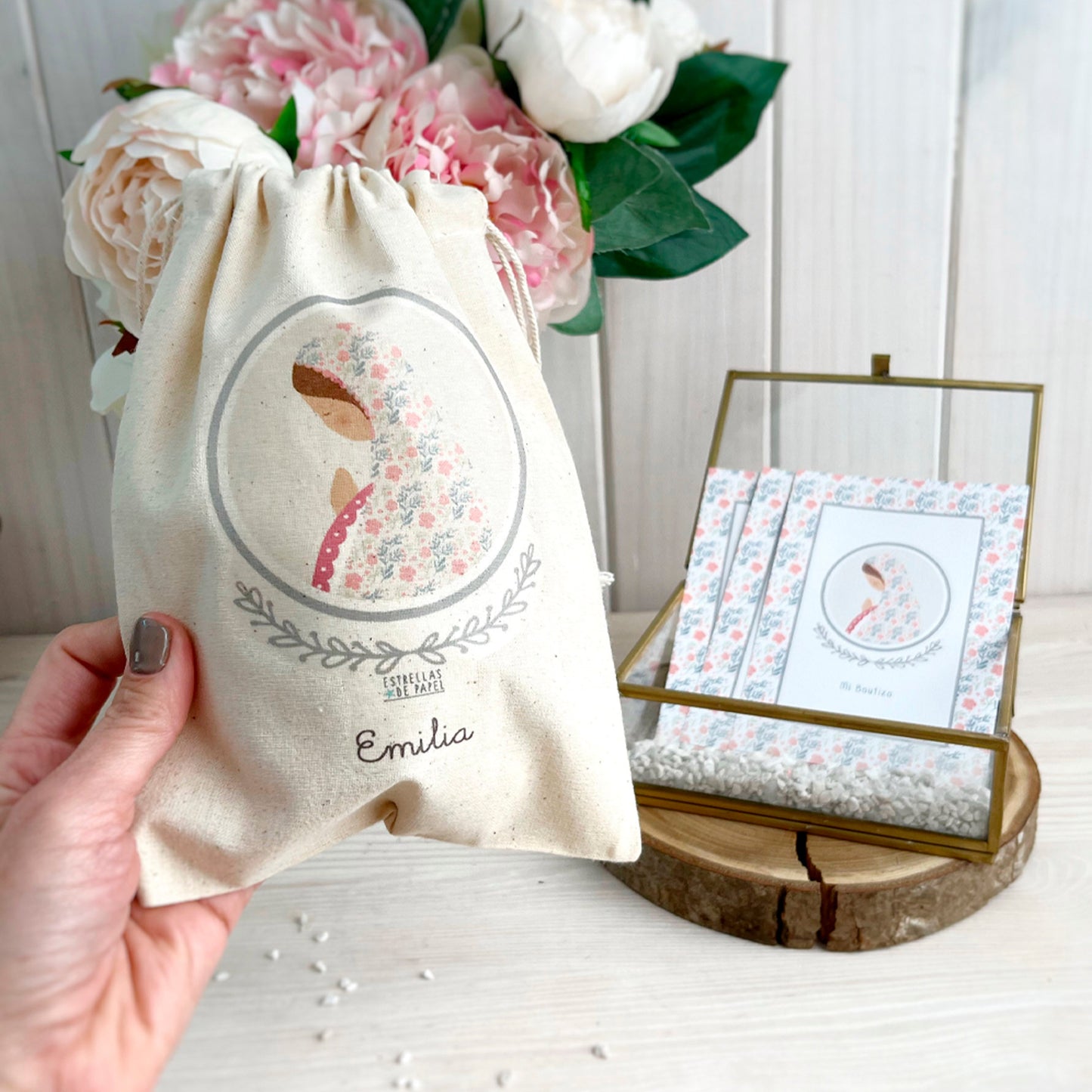 Bolsa para santitos bautizo niña: Virgen Niña Rosada