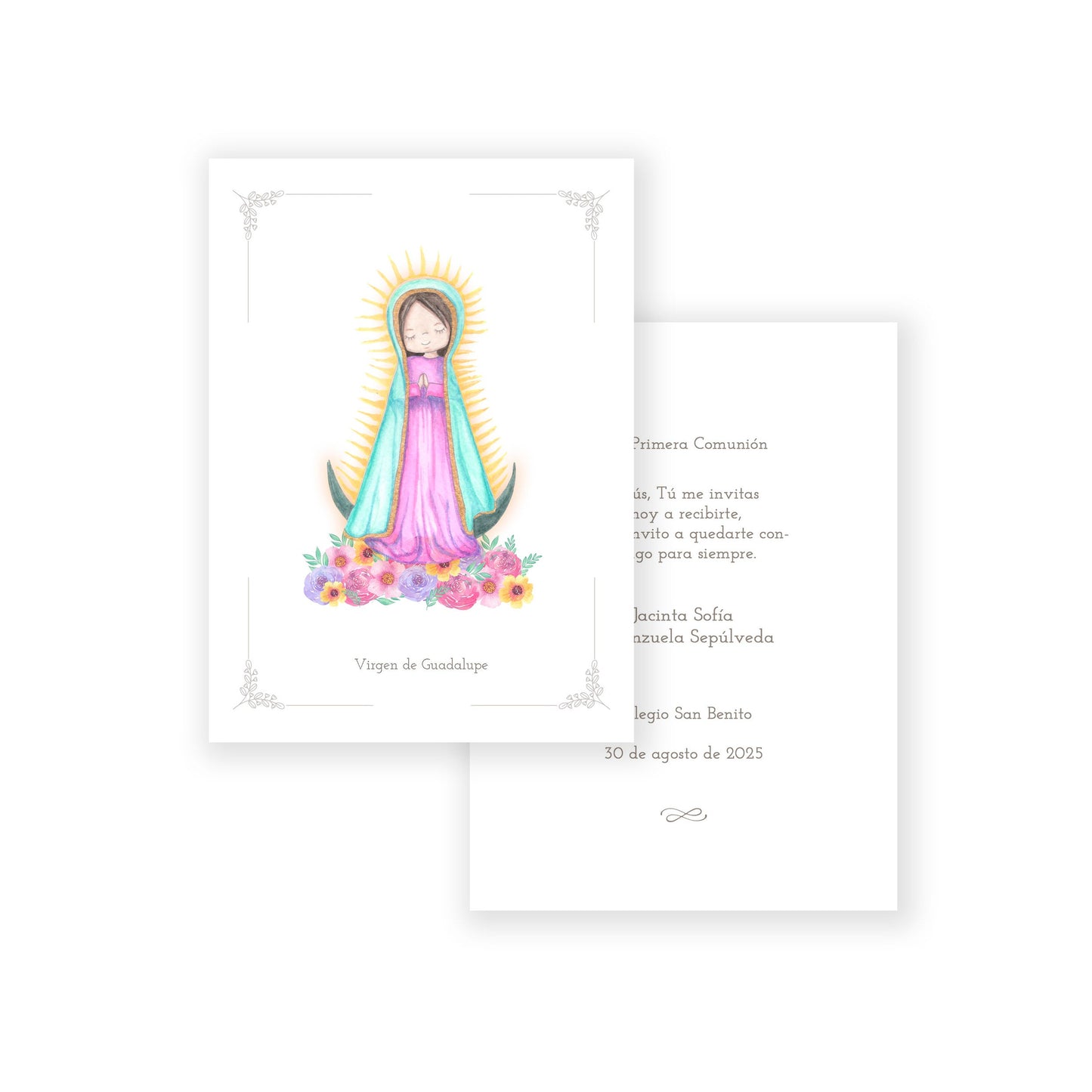 Santito acuarela primera comunión niña: Virgen de Guadalupe