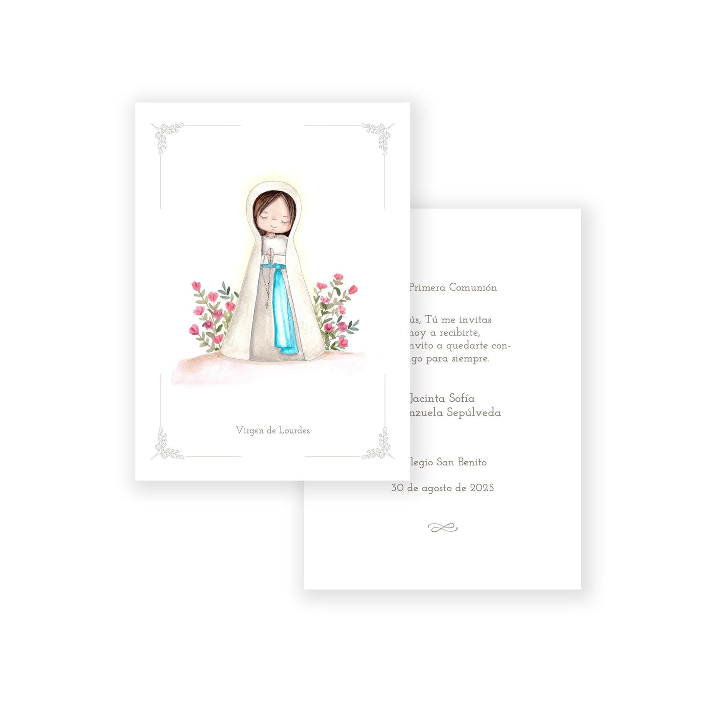 Santito acuarela primera comunión niña: Virgen de Lourdes