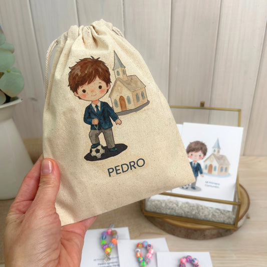 Bolsa para santitos primera comunión niño: Acuarela, Niño Con Pelota De Fútbol o Rugby