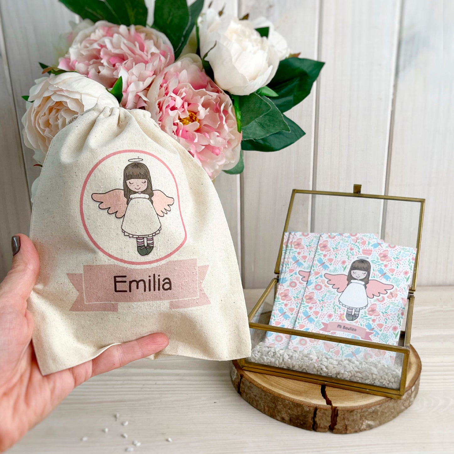 Bolsa para santitos bautizo niña: Angelita de la Guarda rosada