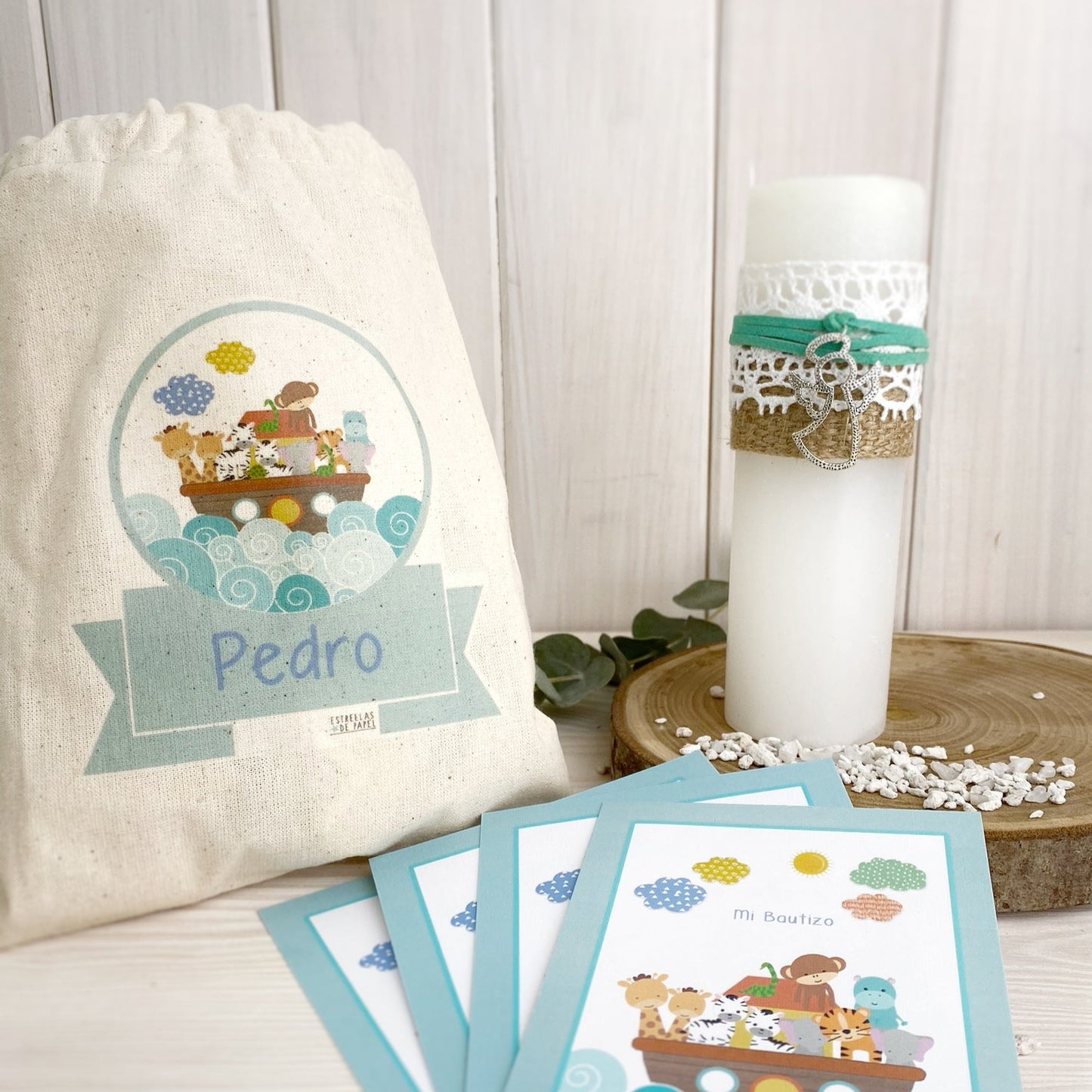 Bolsa para santitos bautizo niño: Arca de Noé Calipso