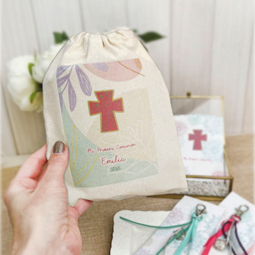 Bolsa para santitos primera comunión niña: Cruz Rosada Hojas