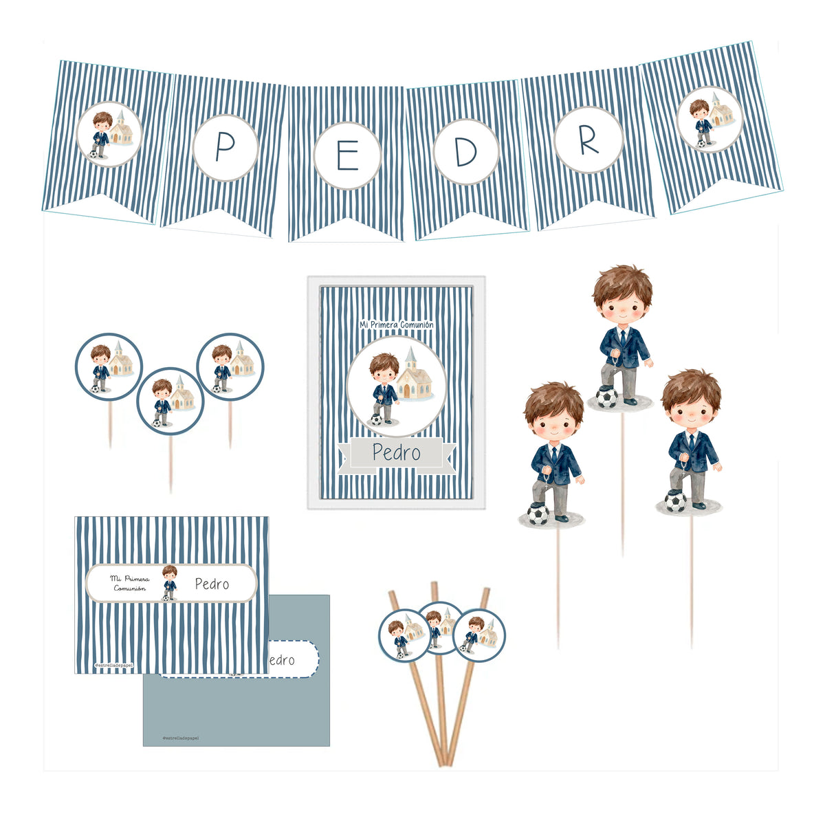 Decoración primera comunión niño: Kit Deco Acuarela Niño Con Pelota De Fútbol o Rugby