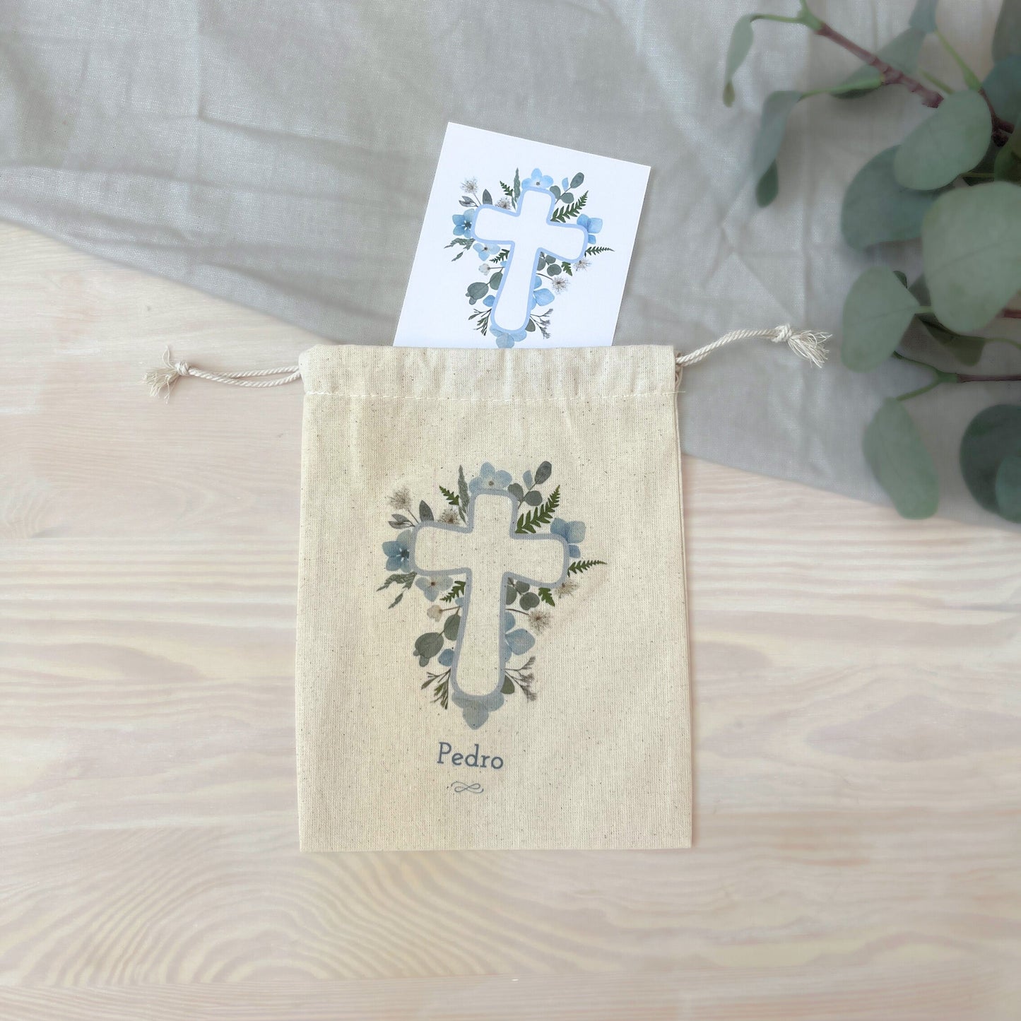 Bolsa para santitos bautizo niño: Cruz Verde y Celeste