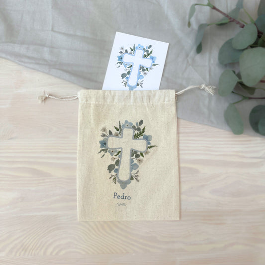 Bolsa para santitos bautizo niño: Cruz Verde y Celeste