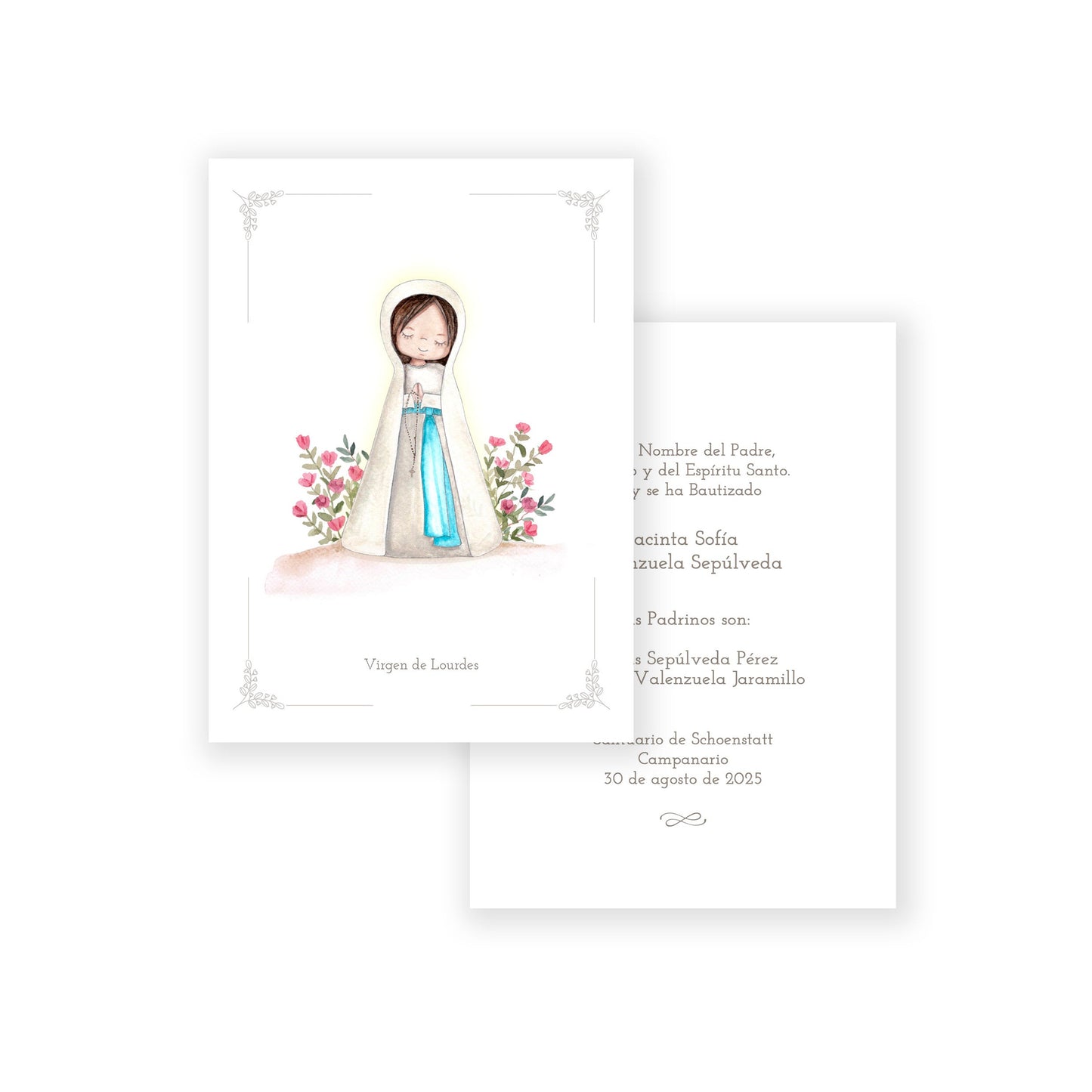 Santito acuarela bautizo niña: Virgen de Lourdes