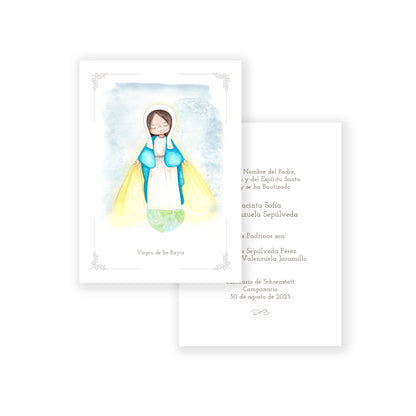Santito acuarela bautizo niña: Virgen de los Rayos
