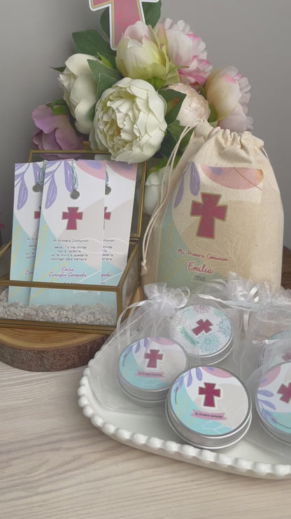 Bolsa para santitos primera comunión niña: Cruz Rosada Hojas