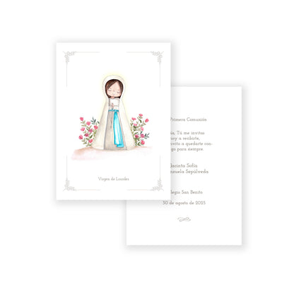 Santito acuarela primera comunión niña: Virgen de Lourdes