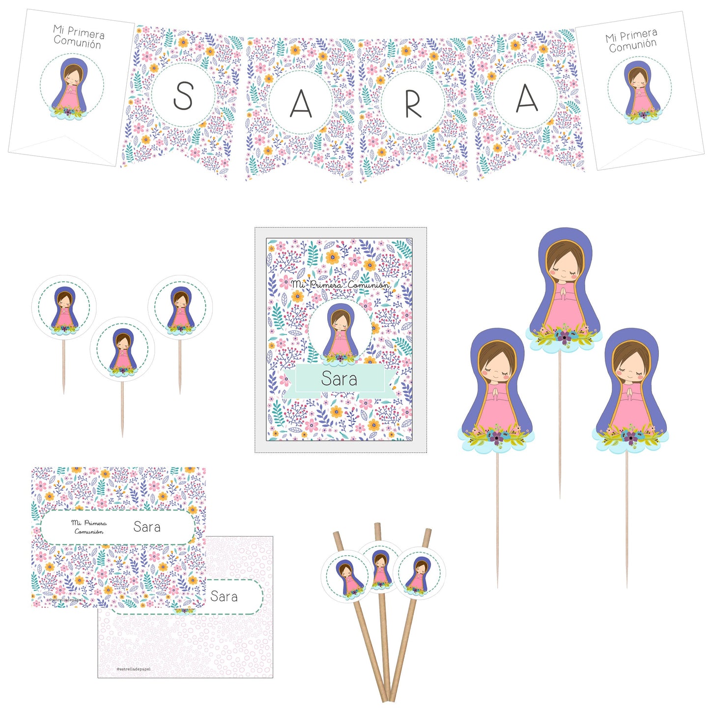 Decoración primera comunión niña: Kit Deco Virgen Lupe Morada